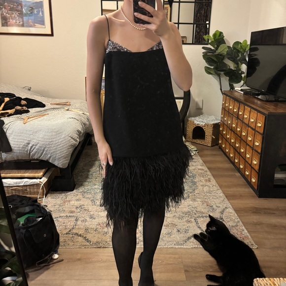 Vintage silk dress with real feather trim and silver sequins black mini midi - Picture 15 of 16